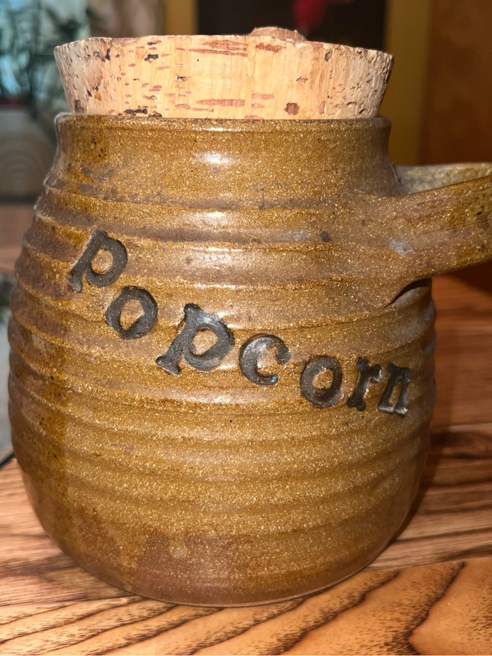 Handcrafted Brown Ceramic Popcorn Jar with Cork Lid